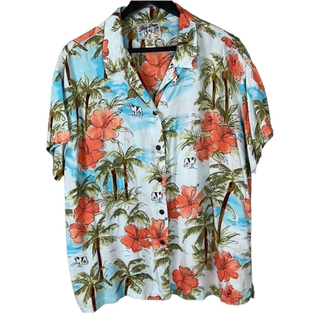Vintage Authentic Big Dogs Rayon Shirt Button Down Palm Trees Tropical Print XL